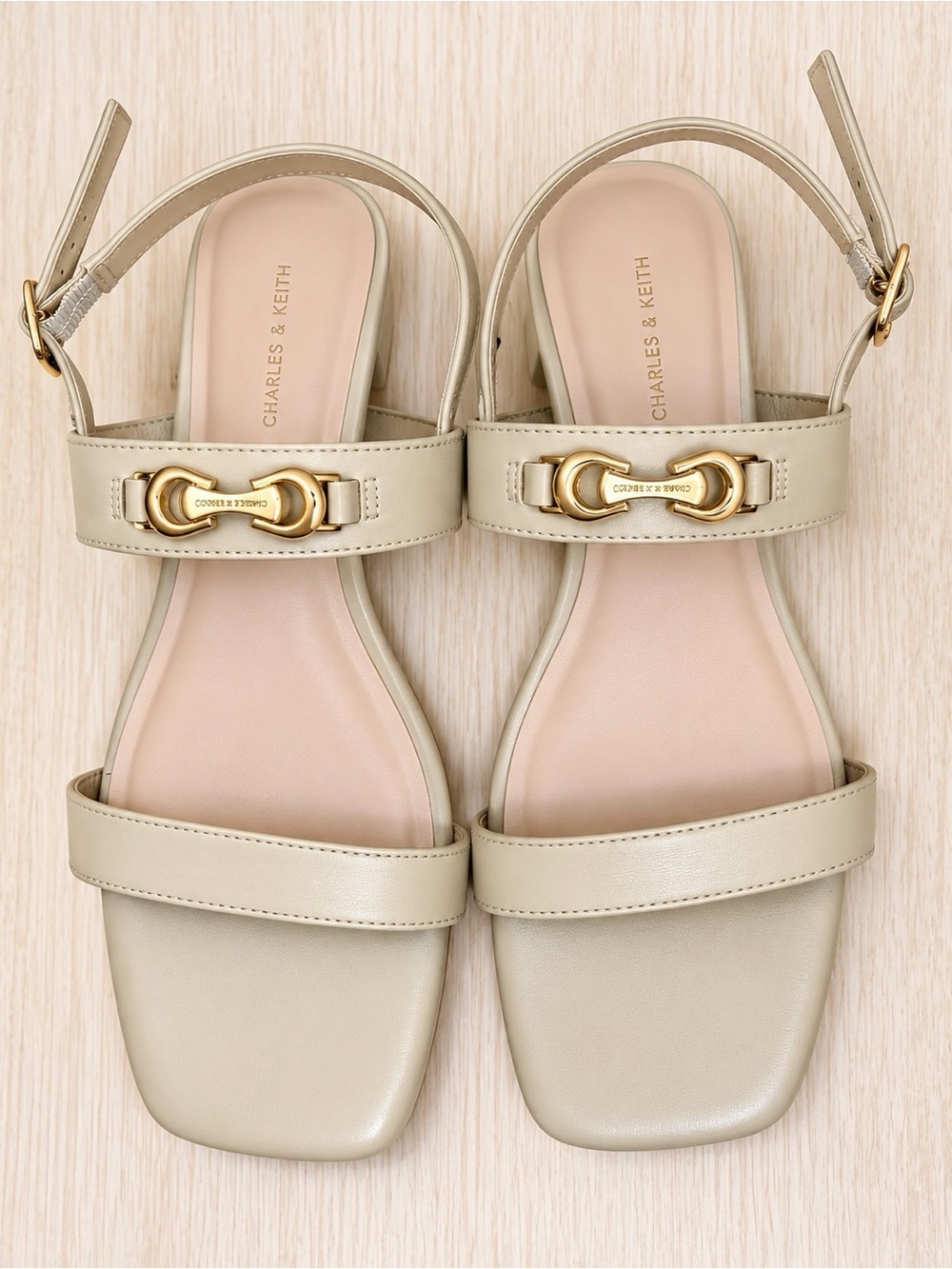 Charles & Keith Cream Leather Square-Toe Sandals with Gold Hardware